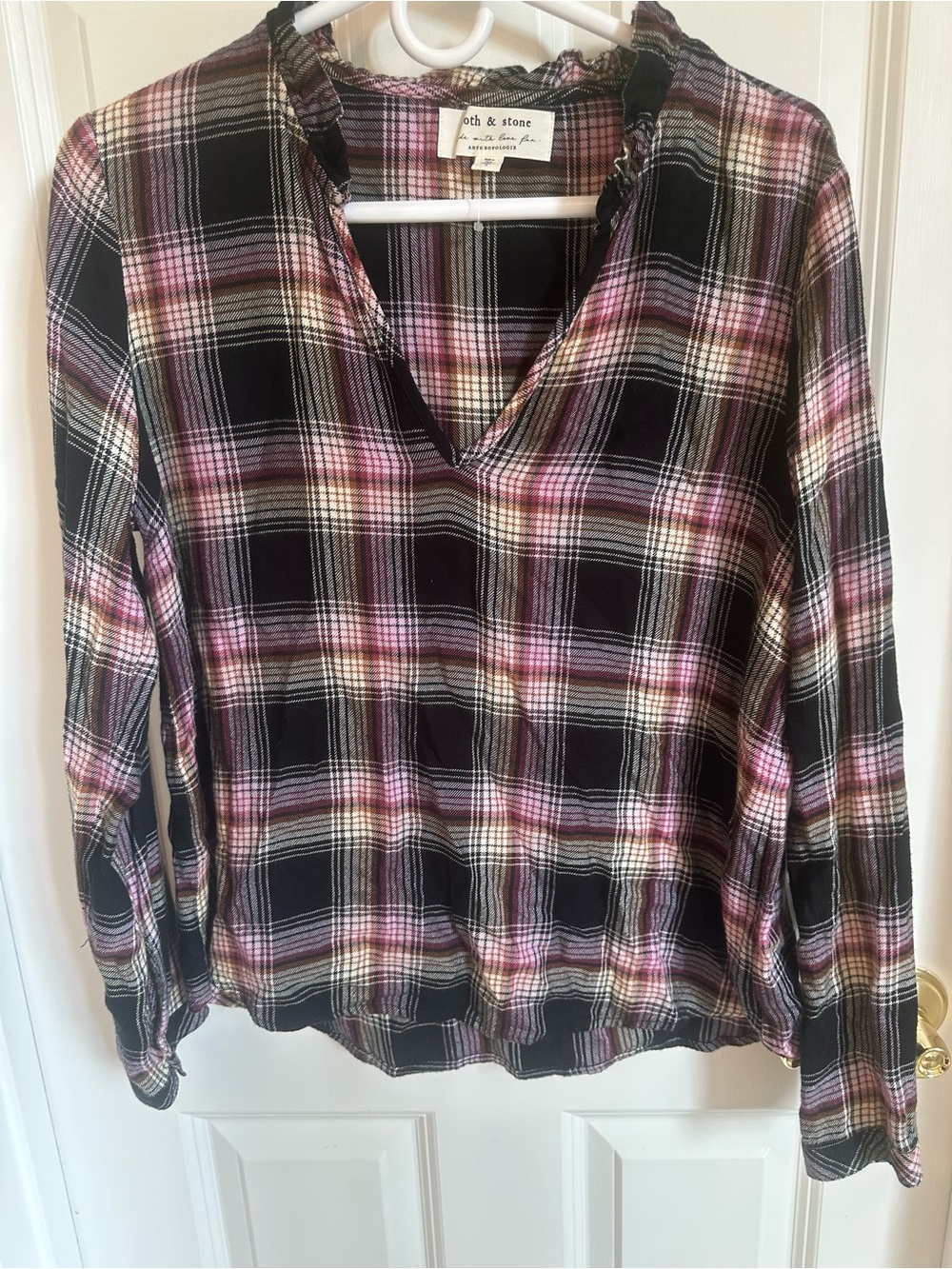 cloth & stone Black and Pink Plaid V-Neck Tunic